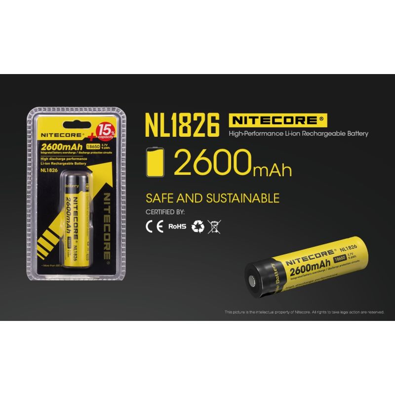 Nitecore 18650 NL1826 Rechargeable Li-ion Battery 2600mAh 3.7V Reliable for Flashlights Cameras High-drain Devices