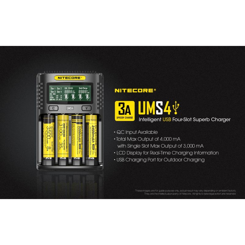 Nitecore UMS4 Intelligent USB Four-Slot Fast Charger with USB-C for 18650 21700 26650 Smart Charging