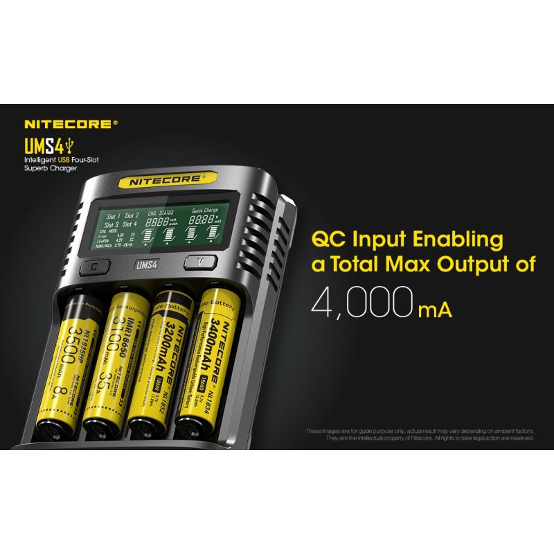 Nitecore UMS4 Intelligent USB Four-Slot Fast Charger with USB-C for 18650 21700 26650 Smart Charging
