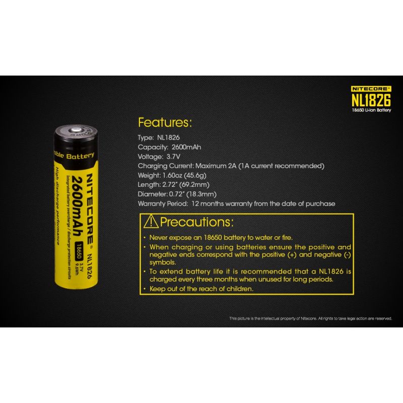 Nitecore 18650 NL1826 Rechargeable Li-ion Battery 2600mAh 3.7V Reliable for Flashlights Cameras High-drain Devices