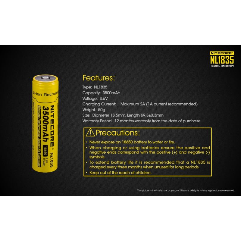 Nitecore 18650 NL1835 3500mAh Li-ion Rechargeable Battery for Long-lasting Power and Reliable Performance