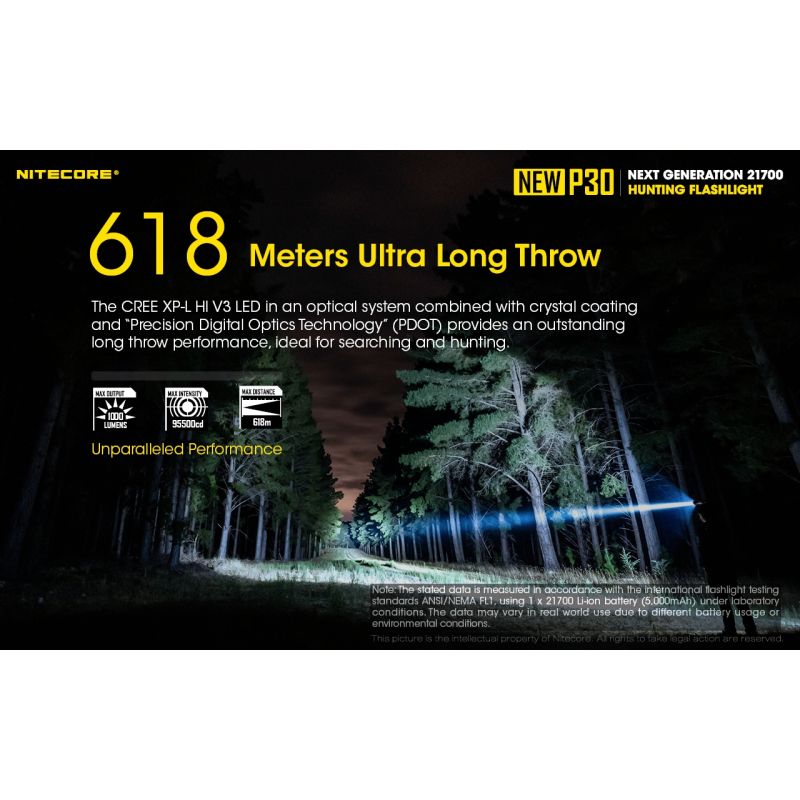 Nitecore P30 XP-L HI V3 1000 Lumens LED Flashlight High Performance 618 Meters Beam for Outdoor and Emergency Use