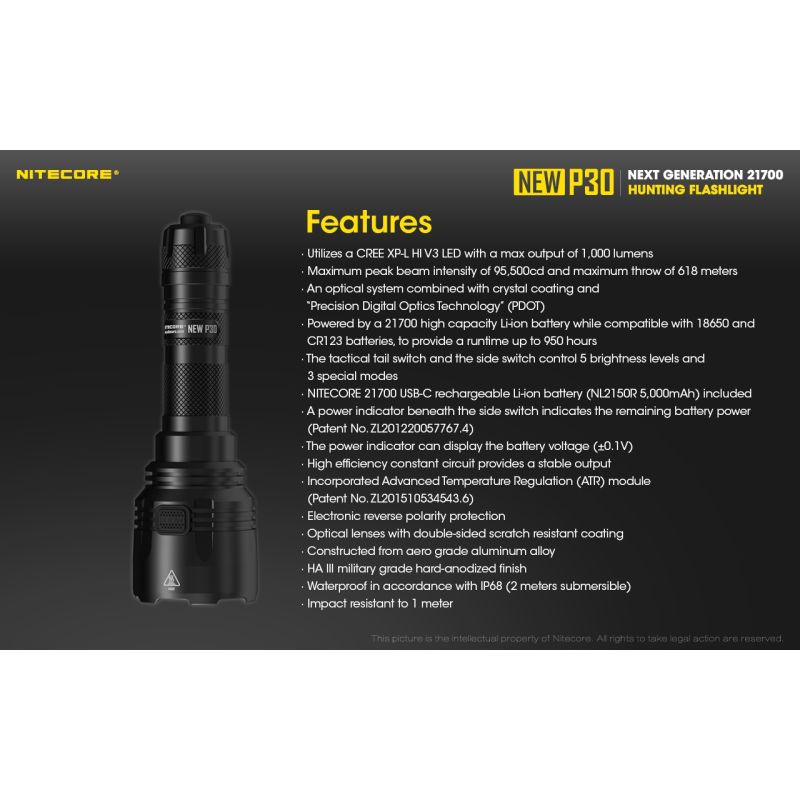 Nitecore P30 XP-L HI V3 1000 Lumens LED Flashlight High Performance 618 Meters Beam for Outdoor and Emergency Use