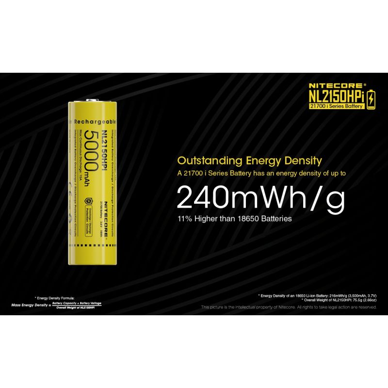 NITECORE NL2150HPi 5000mAh 21700 Li-ion Rechargeable Battery High Performance for Flashlight and Vape