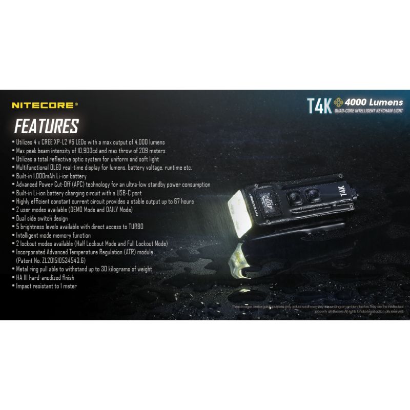 Nitecore T4K 4000 Lumens Portable Keychain Flashlight USB-C Compact Outdoor Gear with XP-L2 V6 LEDs