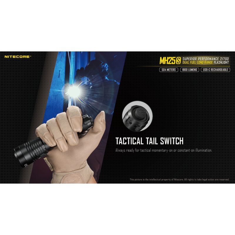 Nitecore MH25S Flashlight 1800 Lumens USB-C Rechargeable LED High Brightness for Outdoor Adventures and Repair
