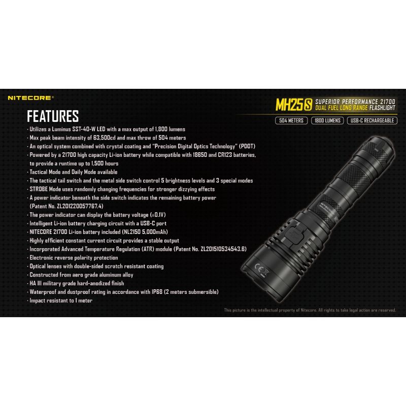 Nitecore MH25S Flashlight 1800 Lumens USB-C Rechargeable LED High Brightness for Outdoor Adventures and Repair