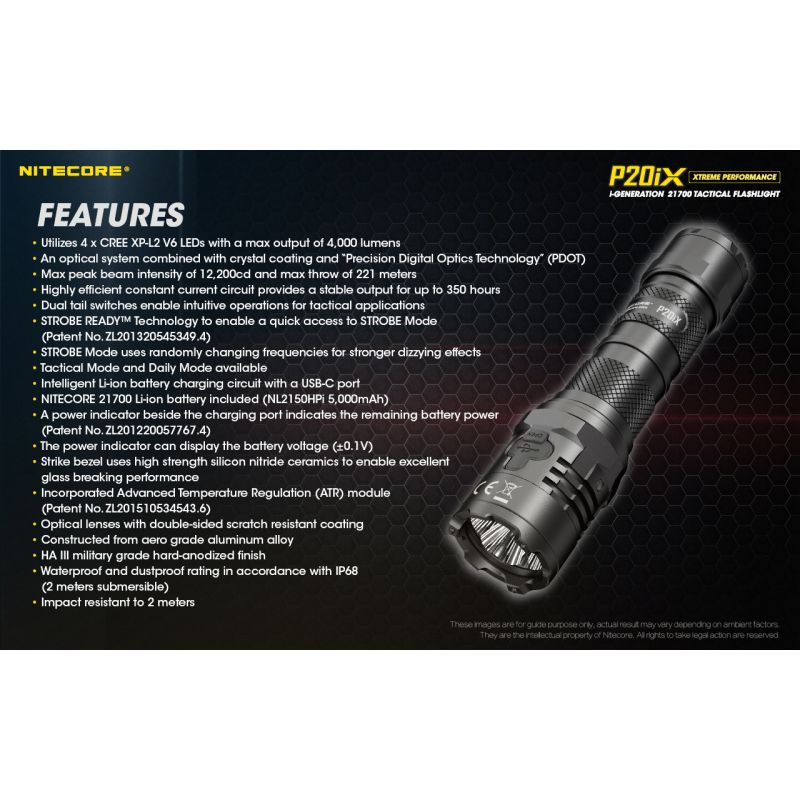 Nitecore P20iX Tactical Flashlight 4000 Lumens USB-C Rechargeable Outdoor High Lumen Strobe Mode Flashlight