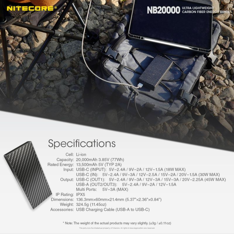Nitecore NB20000 QC Dual Port 20000mAh Power Bank Lightweight Fast Charging USB USB-C Smartphone Charger