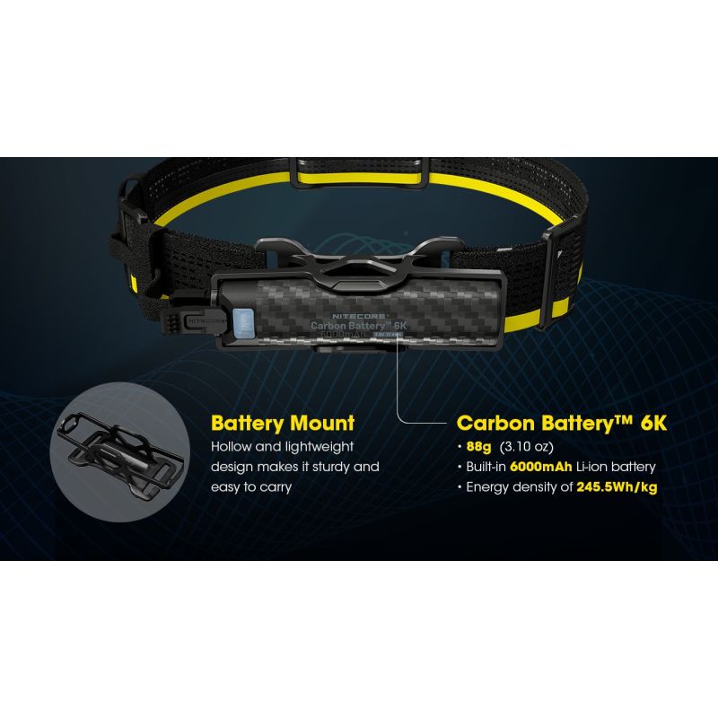 Nitecore Carbon Battery 6K Kit Headlamp Runtime Extender for NU40, NU43, NU45, NU50, and HC65 UHE Headlamps