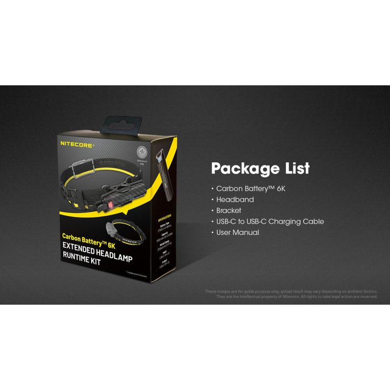 Nitecore Carbon Battery 6K Kit Headlamp Runtime Extender for NU40, NU43, NU45, NU50, and HC65 UHE Headlamps