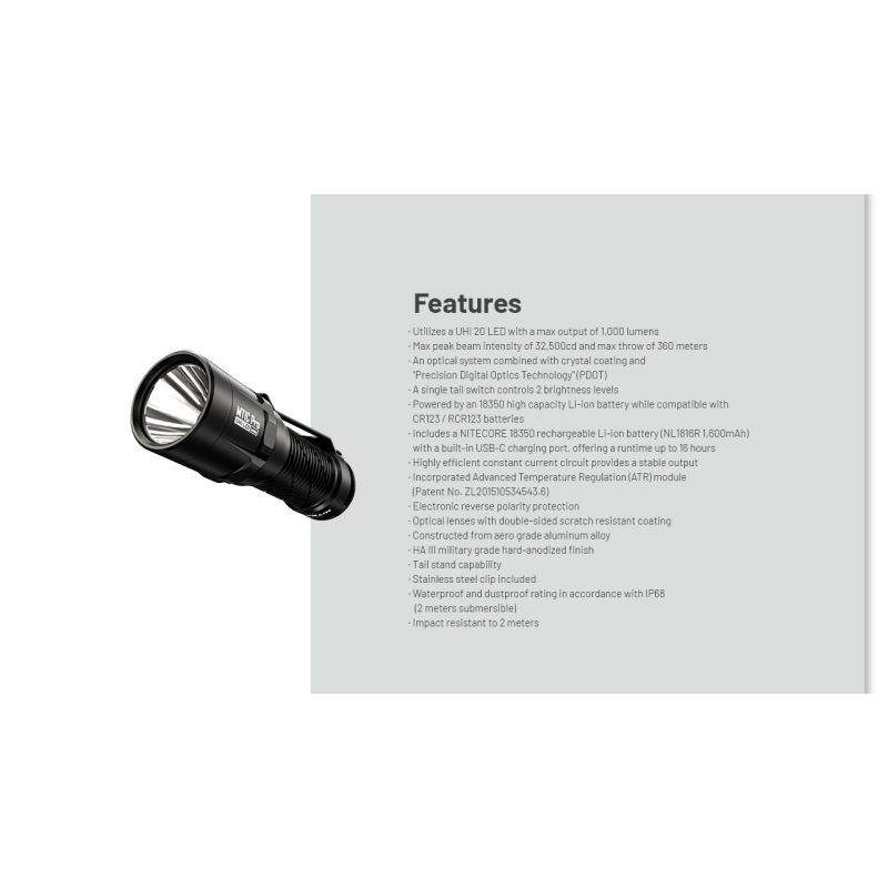 Nitecore MT1C Pro EDC Flashlight 1000 Lumens Compact Durable Hiking and Emergency Flashlight 360m Beam