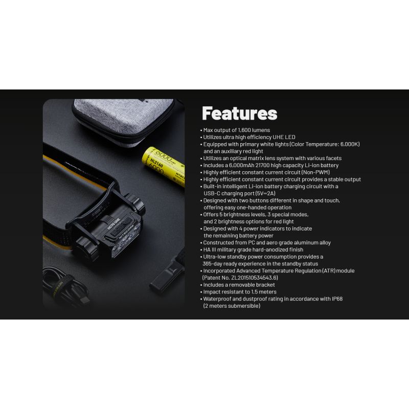 NITECORE HC70 UHE USB-C Rechargeable Work Headlamp 1600 Lumens Rugged Build for Outdoor Adventures and Job Sites