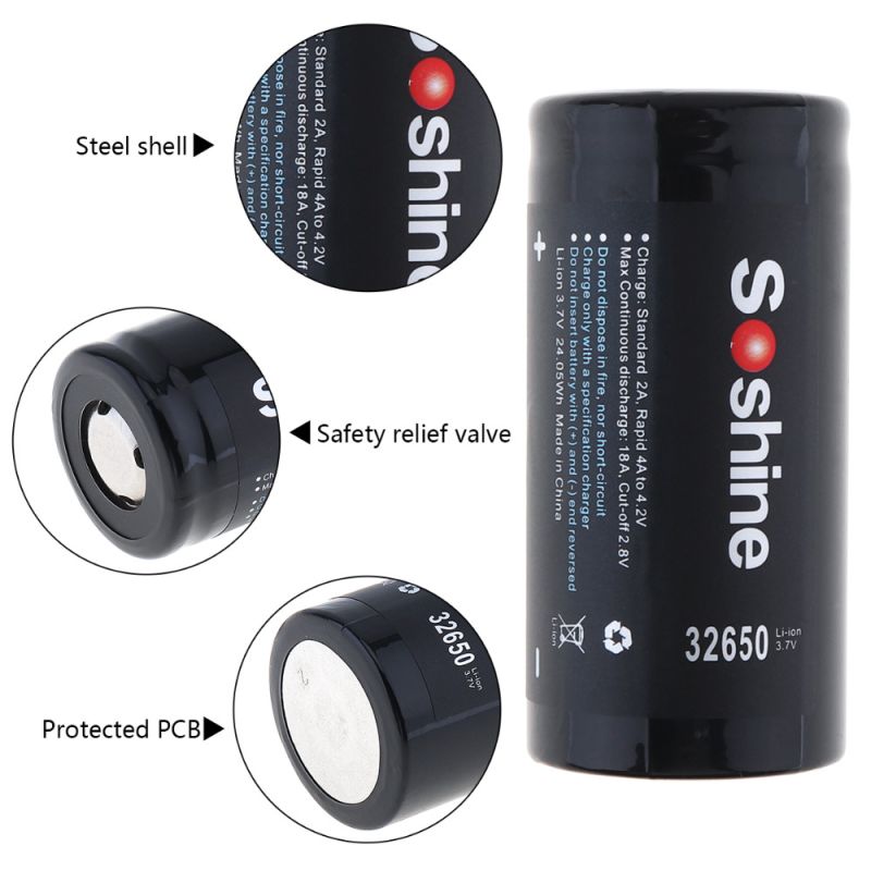 Soshine 6500mAh 3.7V 32650 Lithium Rechargeable Battery High Energy Density Long Lifespan for Tools Gadgets