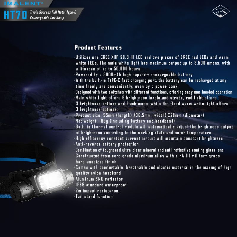 IMALENT HT70 Headlamp with Triple Light Sources 3500 Lumens Rechargeable Ergonomic Design for Outdoor Adventures