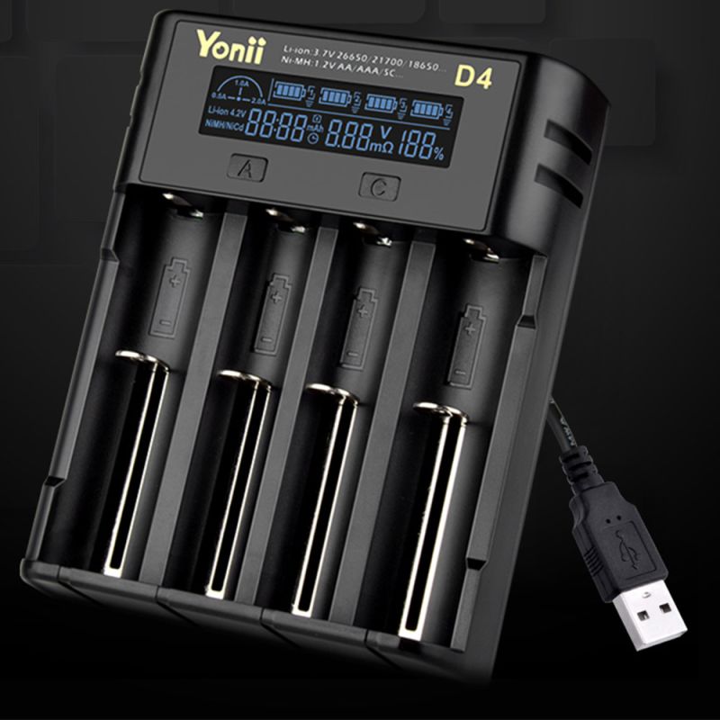 YONII D4 LCD 4 Slot 18650 Battery Charger for 18650 21700 26650 Lithium AA AAA Ni-mh Battery