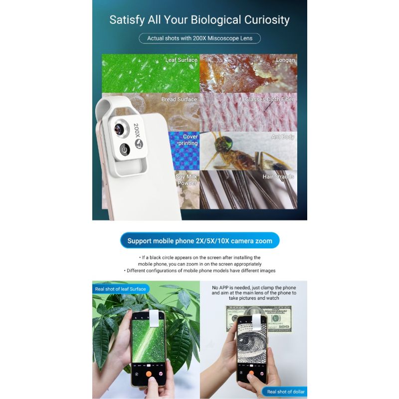 APEXEL 200X Microscope Lens with CPL Mobile LED Light for iPhone Samsung Perfect for Macro Photography