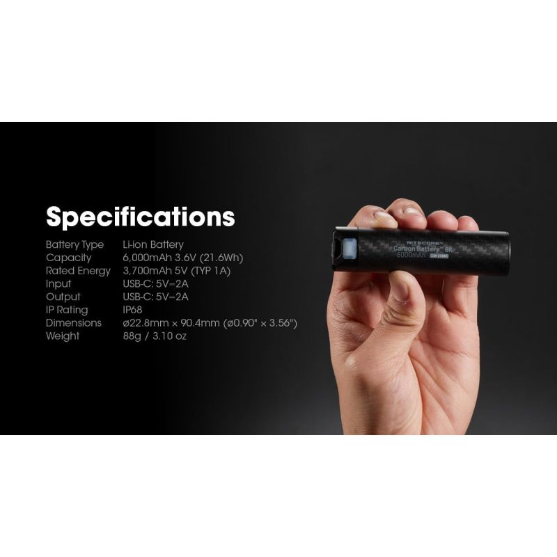 Nitecore Carbon Battery 6K USB-C Rechargeable Lightweight 6000mAh Waterproof Power Bank