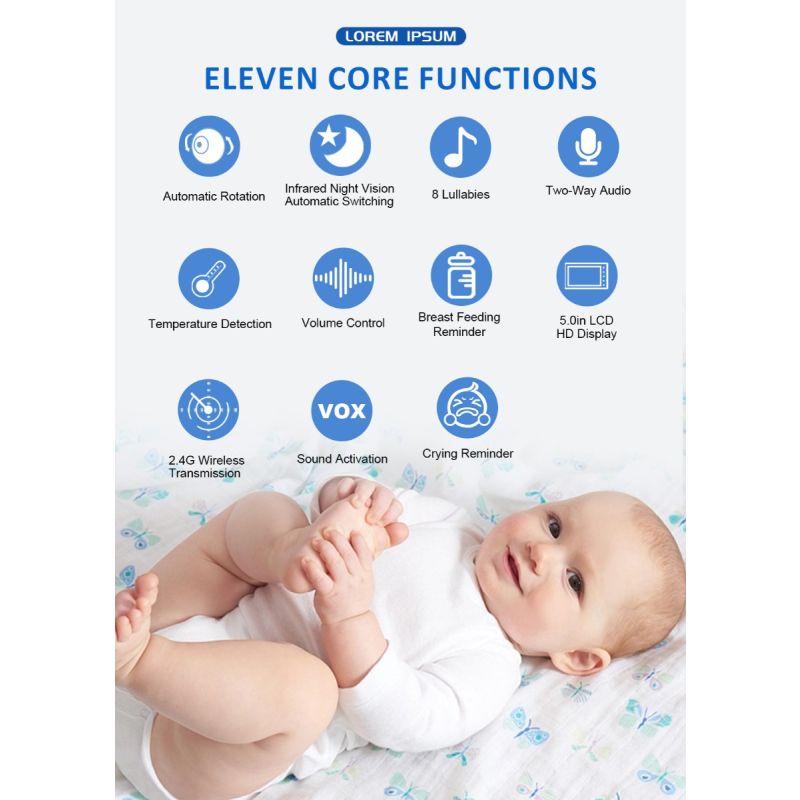 ABM501 Video Baby Monitor 2.4G Wireless 5.0 Inches LCD Night Vision Two Way Audio for Family Safety