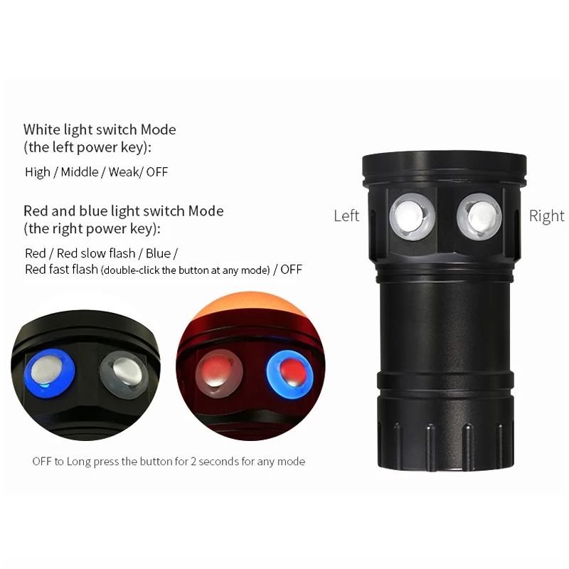 B11 LED Diving Flashlight Red Blue White Underwater Photography Light 80M Scuba Lantern Marine Exploration