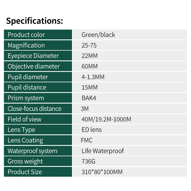 25-75x60 Zoom Spotting Scope ED Lens Powerful Monocular Bak4 Prism Telescope For Outdoor Camping Bird Watching