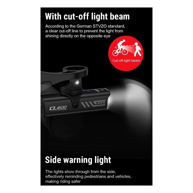 TOWILD CL1600 USB Rechargeable 1600LM Bike Light LED Front Lamp with Adjustable Brightness for Night Riding