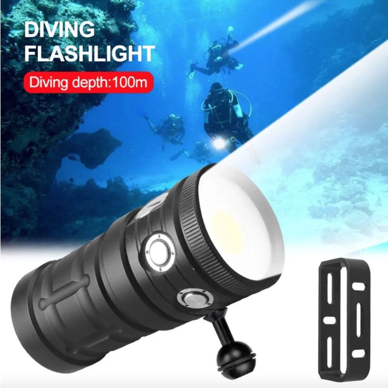 D10 Super Bright Diving Flashlight 100m IPX8 Waterproof with 3 Color Settings for Underwater Photography
