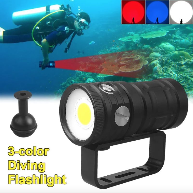 D10 Super Bright Diving Flashlight 100m IPX8 Waterproof with 3 Color Settings for Underwater Photography