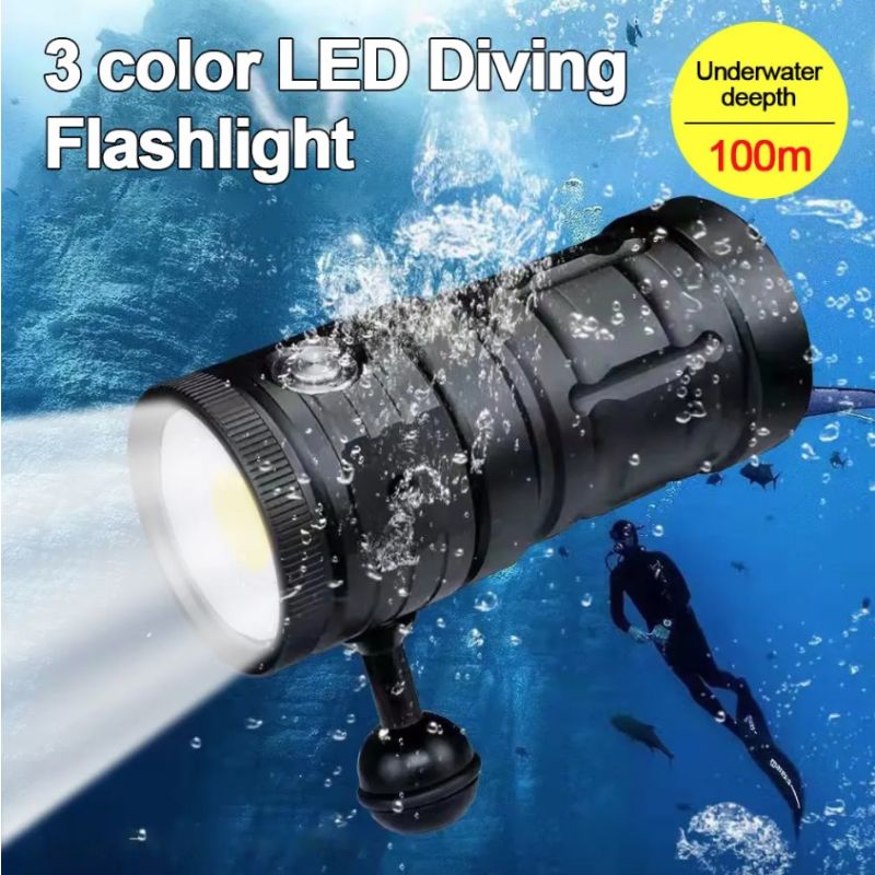 D10 Super Bright Diving Flashlight 100m IPX8 Waterproof with 3 Color Settings for Underwater Photography