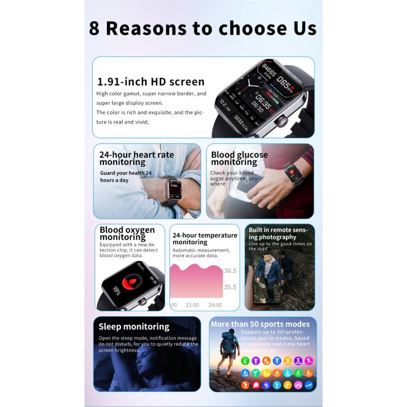 F57L Smart Watch Blood Glucose Blood Pressure Heart Rate Temperature Monitoring Sport Monitoring 1.91 Inch Sn