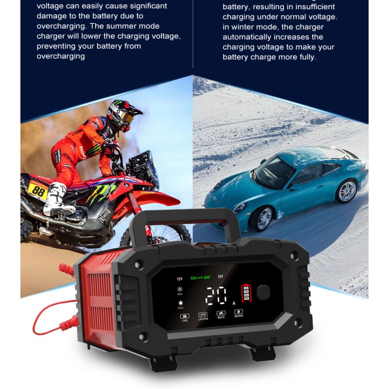 FOXSUR 20A Portable Car Battery Charger 12V 24V for Motorcycle Truck AGM LiFePO4 Lead Acid Battery Maintenance