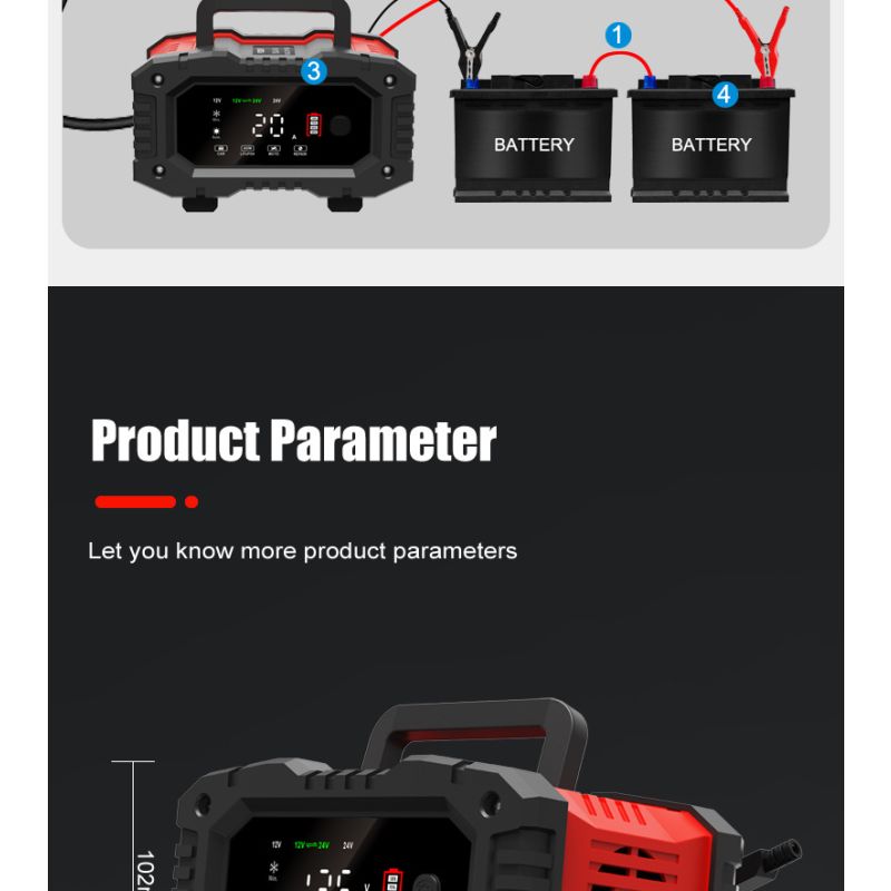 FOXSUR 20A Portable Car Battery Charger 12V 24V for Motorcycle Truck AGM LiFePO4 Lead Acid Battery Maintenance
