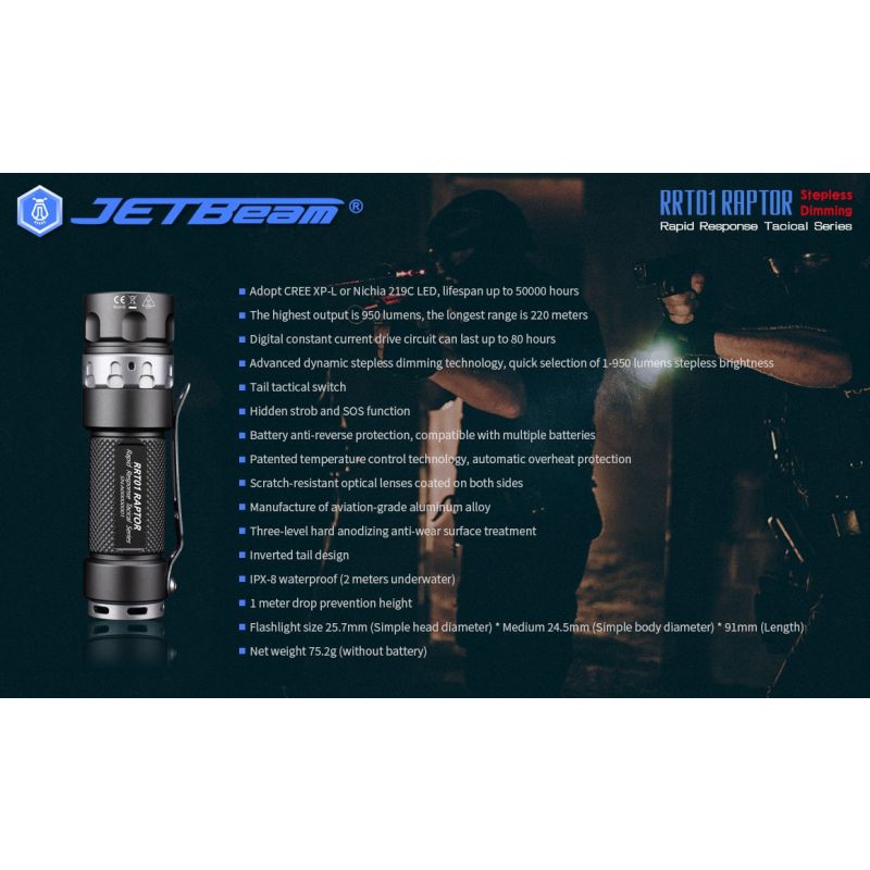 JETBeam JET-RRT01 XP-L 950 Lumen LED EDC Flashlight Durable Outdoor Lighting for Camping Hiking
