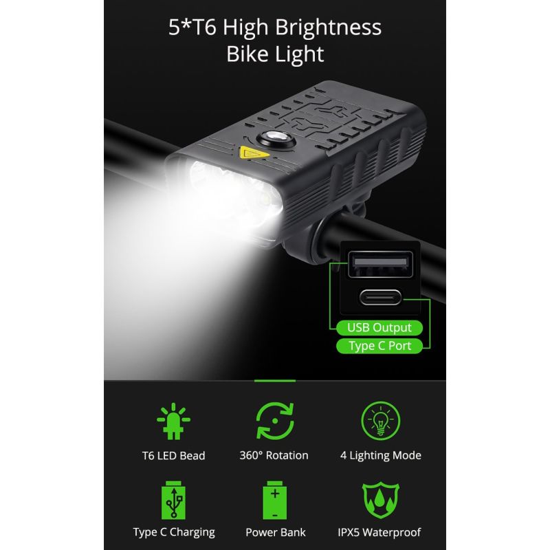 TK5 Bicycle Front Lights 5000 Lumens USB Rechargeable Waterproof Super Bright with Multiple Modes for Cycling