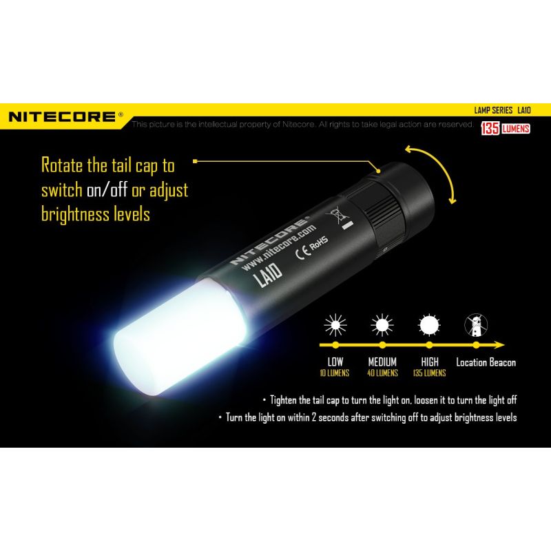 Nitecore LA10 Mini EDC Flashlight 135 Lumens Premium Nichia XP-G2 S3 LED Twist-to-Activate Design Camping