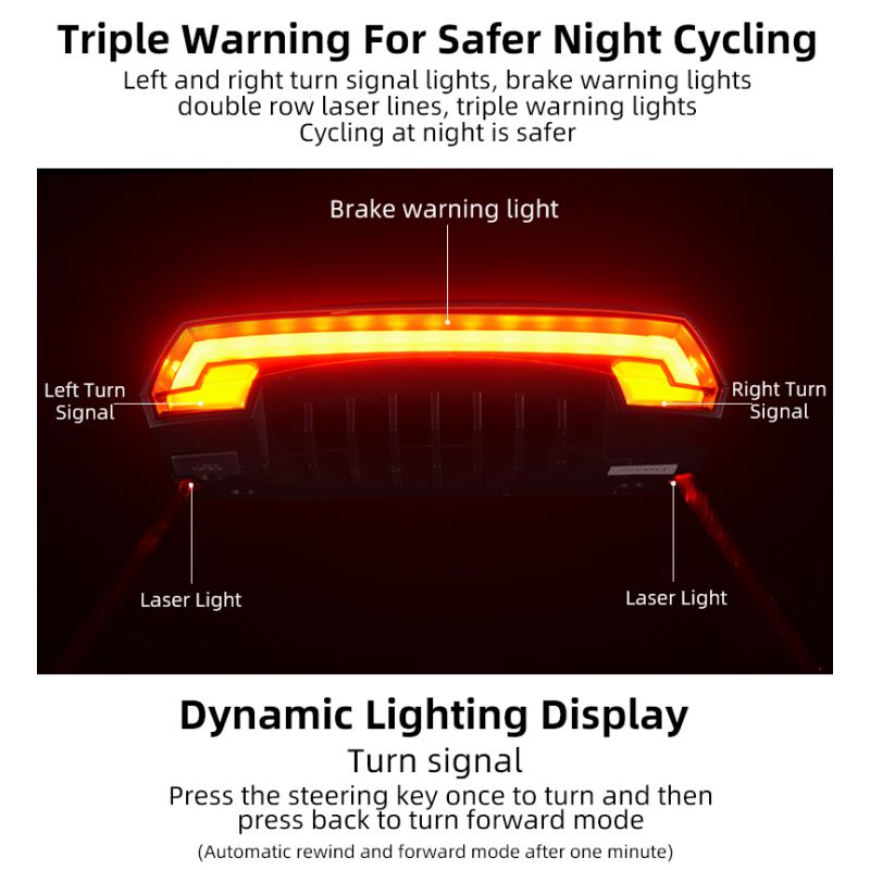 ROCKBROS LKWD-R1 Bike Light Smart USB LED with Wireless Remote Turn Signal Laser Projector for Cycling Safety