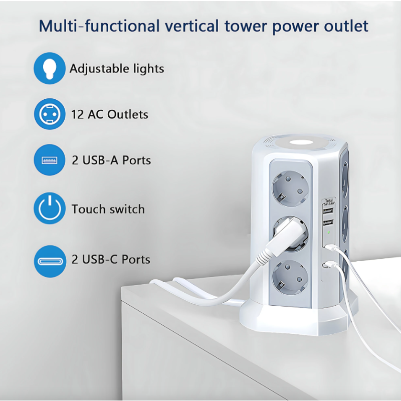 EU Multi-socket surge Protector 4000W 16A with USB port, multi-plug with night light
