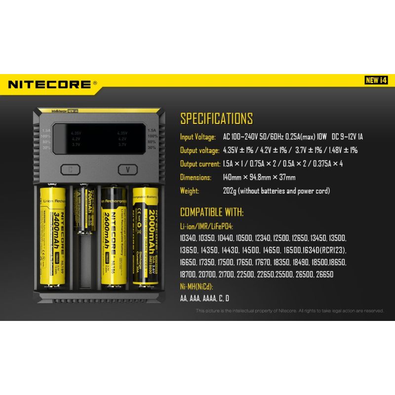 Nitecore NEW I4 Li-ion Battery Charger User-Friendly Efficient Output Smart Charging for Li-ion NiMH Compatibility