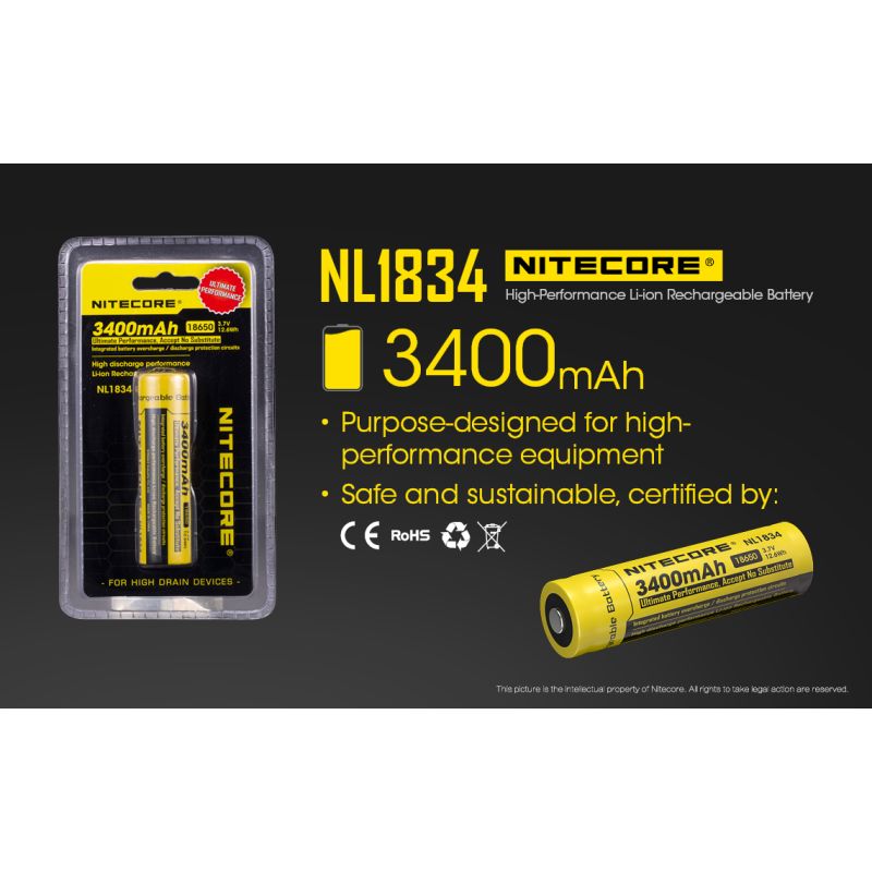 Nitecore Li-ion NL1834 18650 3.7V 3400mAh Protected Rechargeable Battery High Performance for Flashlights