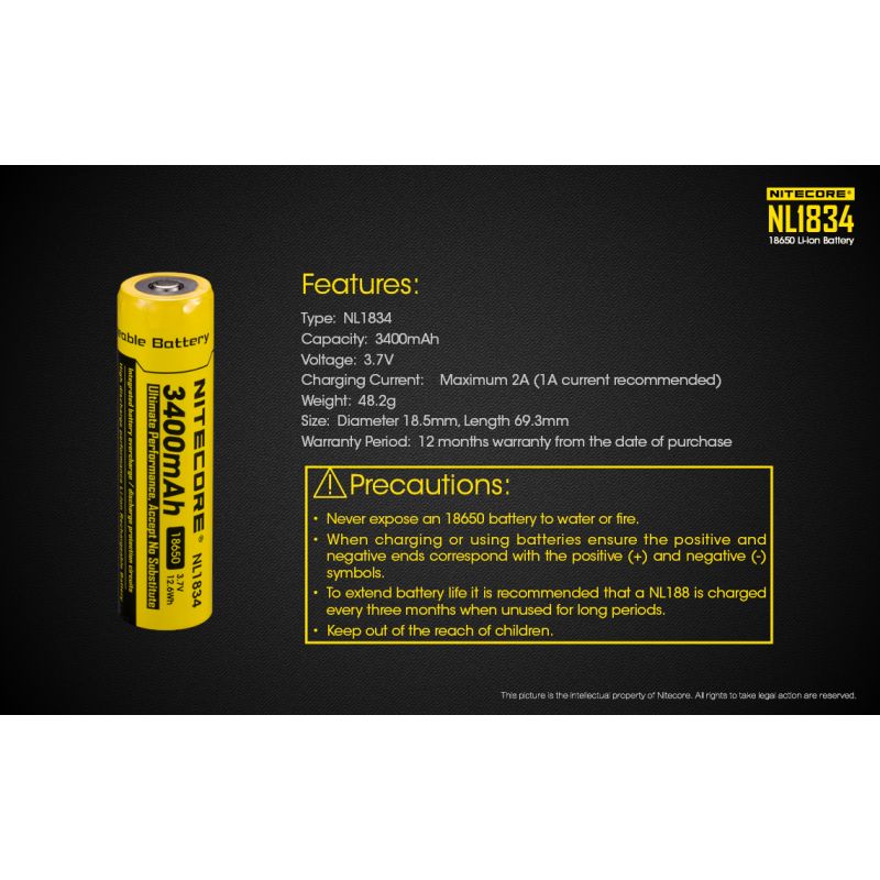 Nitecore Li-ion NL1834 18650 3.7V 3400mAh Protected Rechargeable Battery High Performance for Flashlights