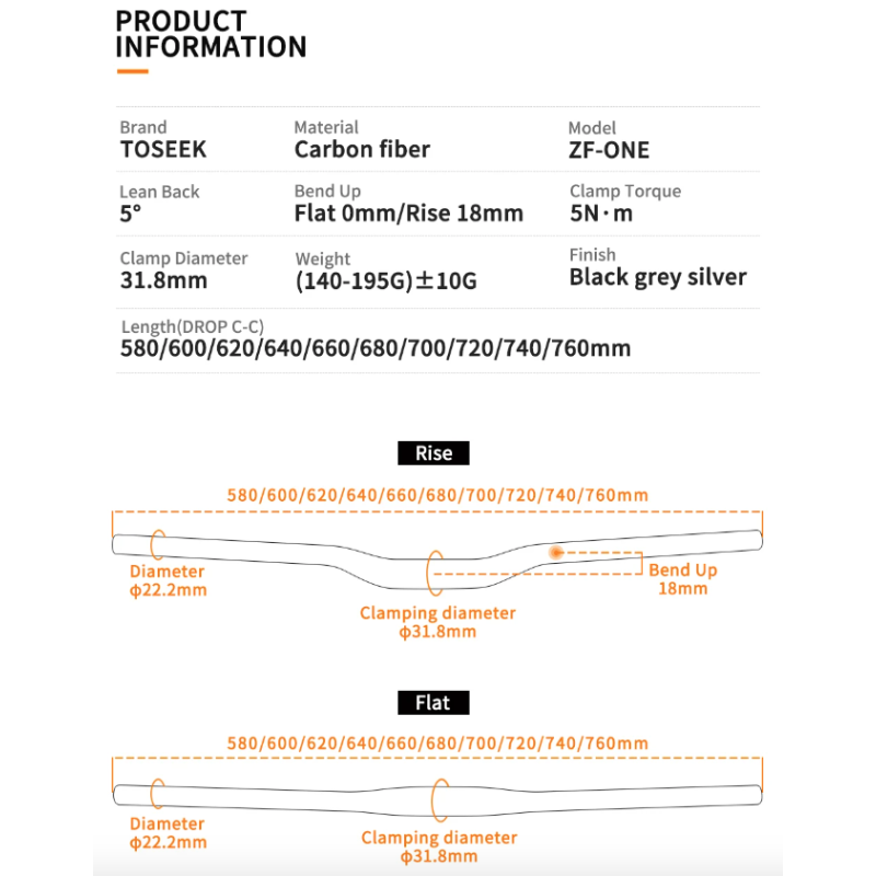 TOSEEK ZF-ONE MTB Carbon Handlebar 31.8mm Lightweight Matt Black 580mm 760mm Ergonomic Design Premium Quality