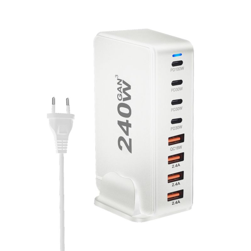 240W Desktop GaN Charger 8-port USB Type C PD Fast Charge Mobile Charger Smart Technology Multi-Device Hub
