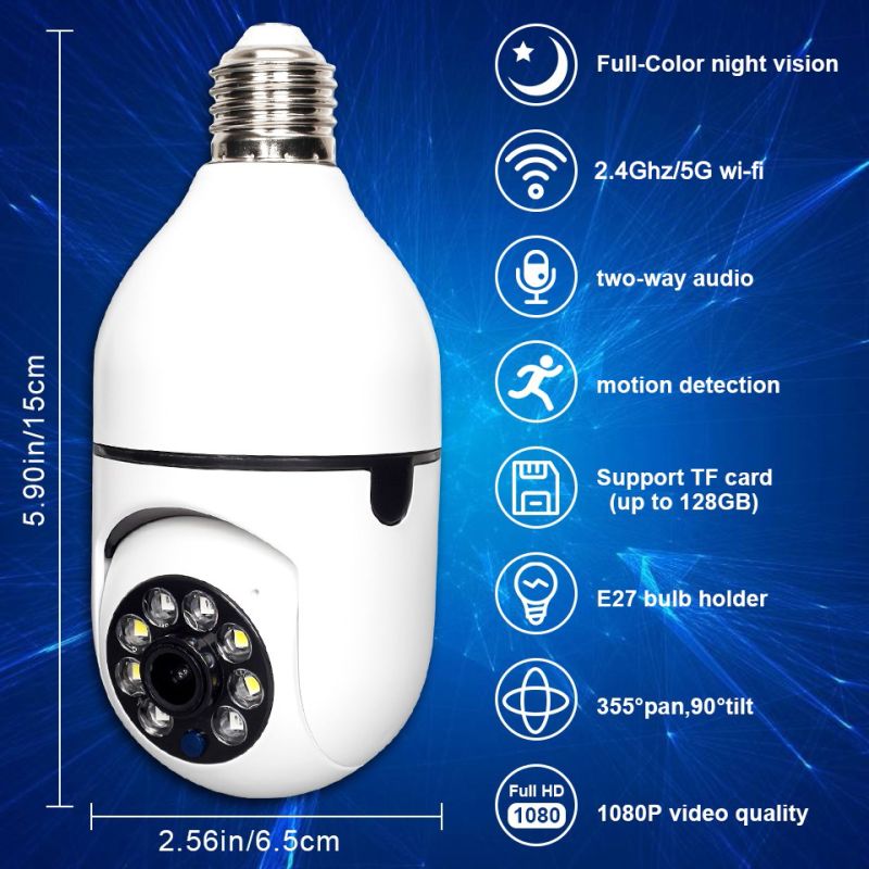 5G Wifi E27 Bulb Surveillance Camera Smart Home Night Vision Dual Band Connectivity Motion Detection