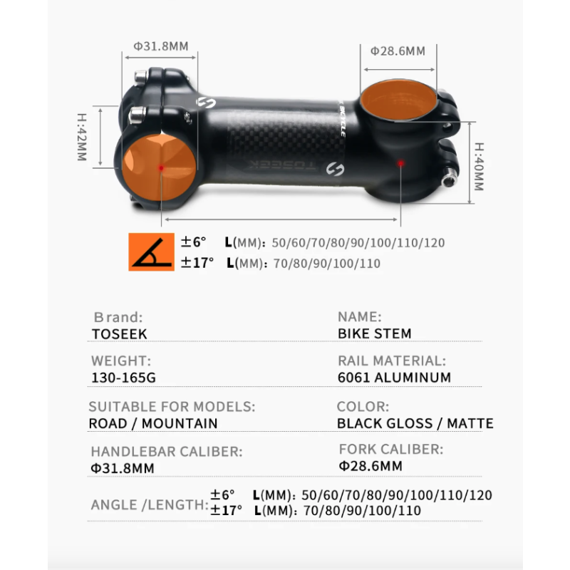 TOSEEK MTB Handlebar Stem 28.6mm Adjustable Angle Lightweight Aluminum Carbon for Cycling Enthusiasts
