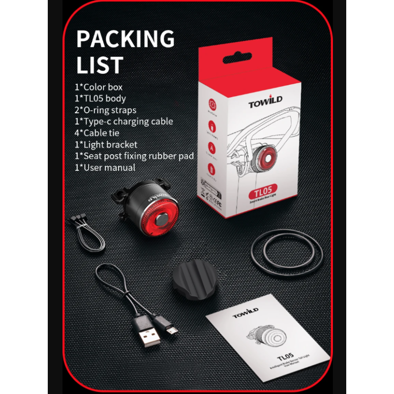 TOWILD TL05 Rear Light Smart Auto Brake Sensing IPX6 Waterproof Bicycle Safety Light with 100 Hour Battery