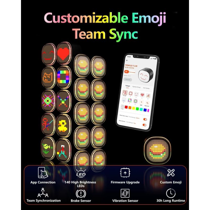 TOWILD TL08 Bike Tail Light, Customized Patterns Full-Color Bike Rear Light, Brake Sensing, USB-C Rechargeable Bicycle Taillights