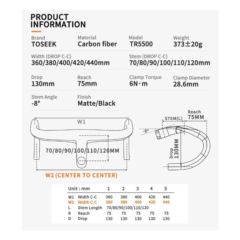 TOSEEK TR5500 Road Bike Handlebar Lightweight Full Carbon Fiber Stem Aerodynamic Design Matte Black Finish