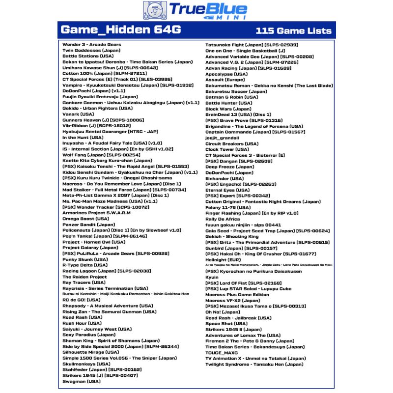 True Blue Mini Crackhead Pack 32G or 64G USB for PS ONE MINI Plug and Play Classic Gaming Nostalgia