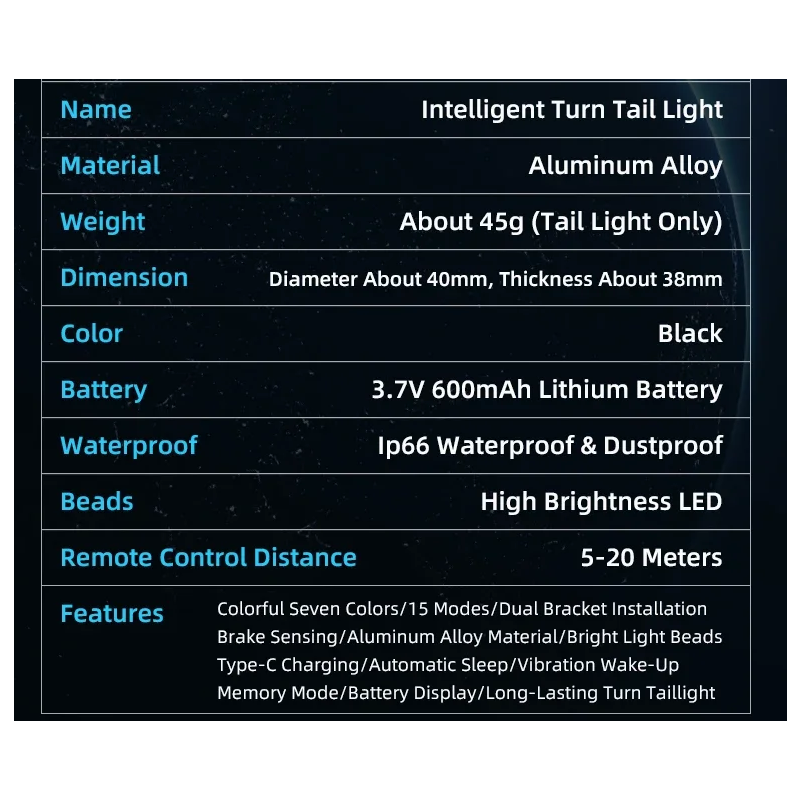 Versatile Bicycle Rear Light Smart Brake Sensor Wireless Remote Control Colorful Flash Rechargeable Light