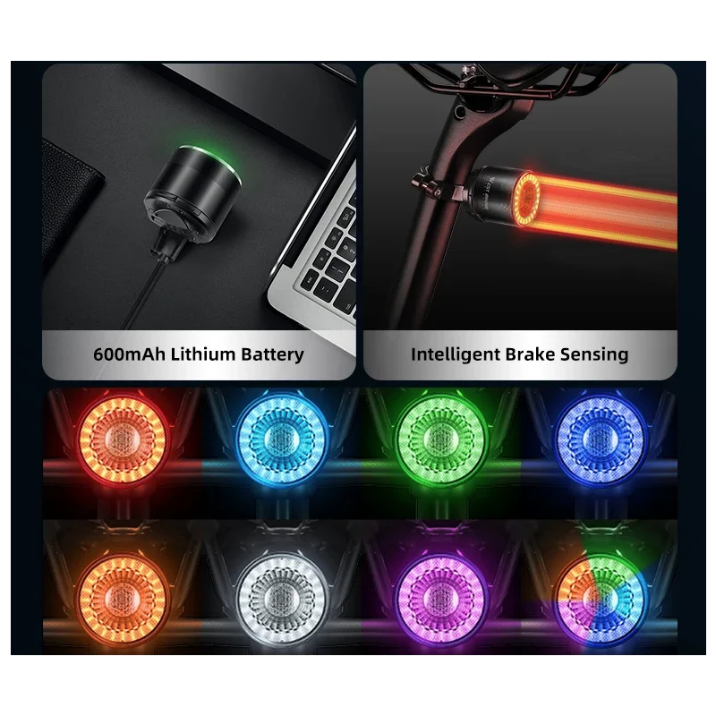Versatile Bicycle Rear Light Smart Brake Sensor Wireless Remote Control Colorful Flash Rechargeable Light